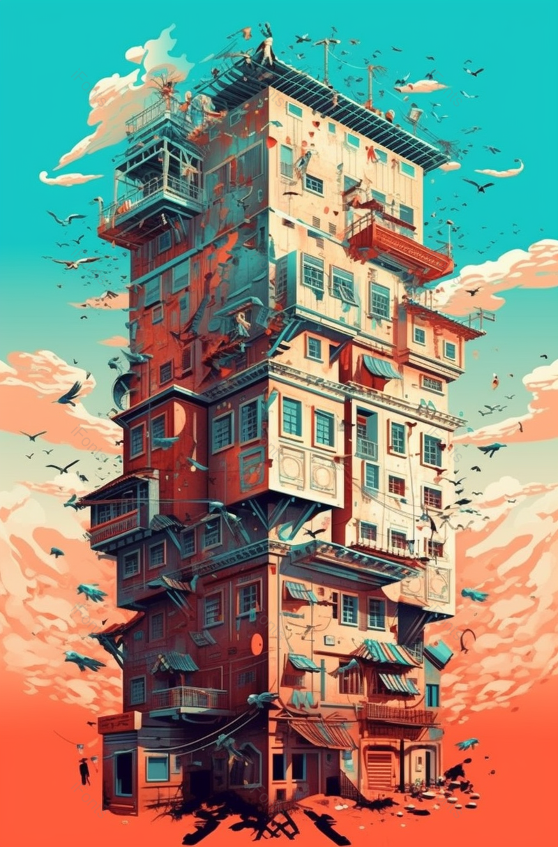 飞行漂浮高楼大楼重叠手绘红色渐变青山祥云插画,插画/手绘图,插画/手绘图库,插画/手绘图下载,插画/手绘